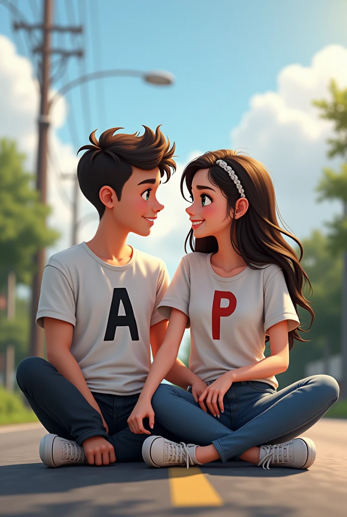 A 18 boy and a 18 girl sitting in a road and the boy wearing a stylish pant and a tshirt and the girl was wearing a stylish pant and a tshirt over the boy tshirt writing a and the girl s tshirt writing p realistic