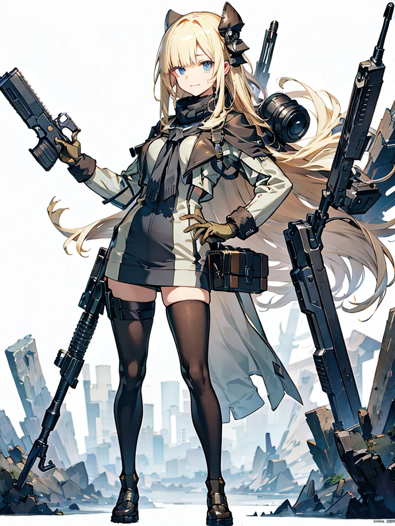 holding_gun, assault_rifle, Very detailed, Anime Style, whole body, alone, Stylish Gunfighter Girl, Holding a steampunk long barrel pistol,Standing in the wasteland, 8K high resolution, White Background, In the spotlight, The background is a dark and desolate landscape, Horror movie atmosphere. Her figure is very beautiful, Emphasizing the dark and crazy elements. Skillfully expressing the effects of light and shadow,