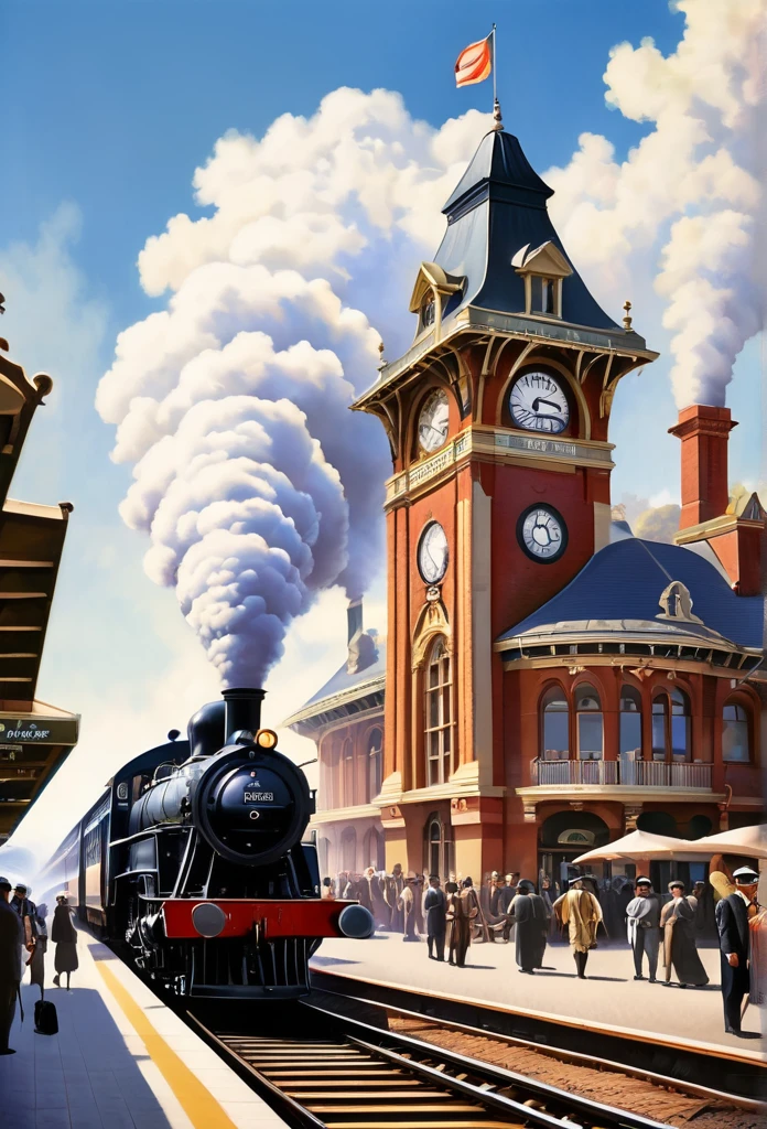 Create an image of a bustling train station from the early 20th century. The station is a grand, Victorian-style building with large arched windows and a towering clock tower. People in vintage attire hurry along the platform, some carrying suitcases, others waving handkerchiefs to departing passengers.

On the platform, an old steam train puffs out clouds of white steam, its brass and iron fittings gleaming in the sunlight. The train is adorned with intricate designs, polished to a shine. The platform is busy with activity, with porters loading luggage into the train's compartments.

In the background, a backdrop of rolling hills and a clear blue sky complete the scene, adding a sense of nostalgia and adventure to the setting. The train's whistle echoes through the station, signaling its departure, as passengers rush to board while loved ones bid farewell.

Capture the essence of a bygone era, filled with the excitement of travel and the romance of steam locomotives