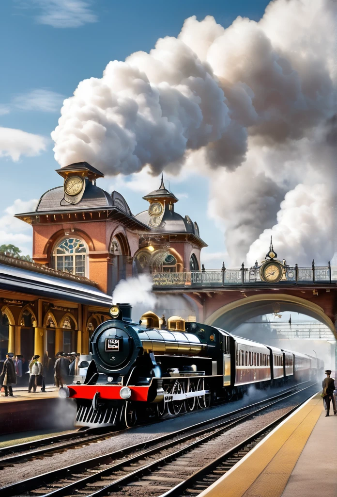 Create an image of a bustling train station from the early 20th century. The station is a grand, Victorian-style building with large arched windows and a towering clock tower. People in vintage attire hurry along the platform, some carrying suitcases, others waving handkerchiefs to departing passengers.

On the platform, an old steam train puffs out clouds of white steam, its brass and iron fittings gleaming in the sunlight. The train is adorned with intricate designs, polished to a shine. The platform is busy with activity, with porters loading luggage into the train's compartments.

In the background, a backdrop of rolling hills and a clear blue sky complete the scene, adding a sense of nostalgia and adventure to the setting. The train's whistle echoes through the station, signaling its departure, as passengers rush to board while loved ones bid farewell.

Capture the essence of a bygone era, filled with the excitement of travel and the romance of steam locomotives