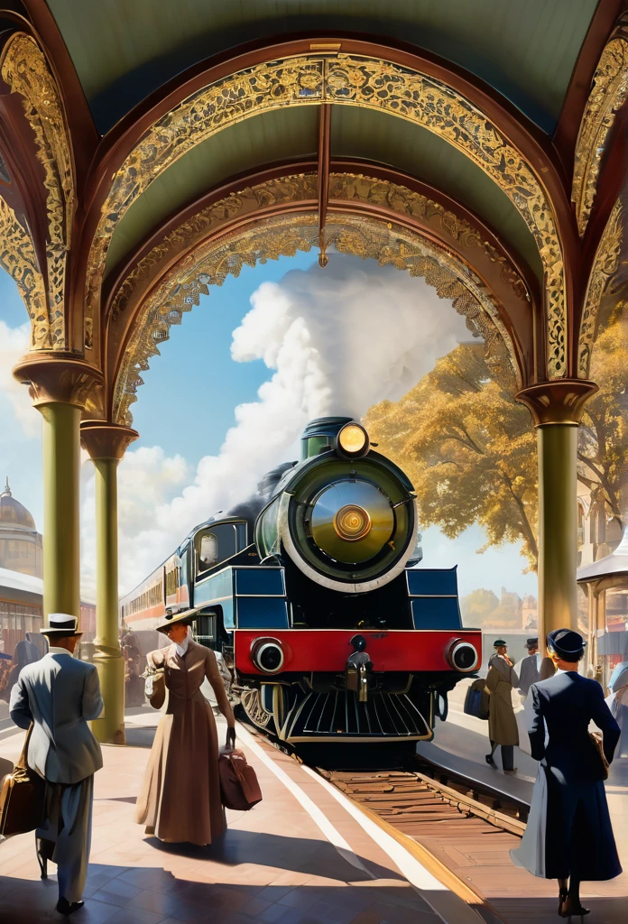 Create an image of a bustling train station from the early 20th century. The station is a grand, Victorian-style building with large arched windows and a towering clock tower. People in vintage attire hurry along the platform, some carrying suitcases, others waving handkerchiefs to departing passengers.

On the platform, an old steam train puffs out clouds of white steam, its brass and iron fittings gleaming in the sunlight. The train is adorned with intricate designs, polished to a shine. The platform is busy with activity, with porters loading luggage into the train's compartments.

In the background, a backdrop of rolling hills and a clear blue sky complete the scene, adding a sense of nostalgia and adventure to the setting. The train's whistle echoes through the station, signaling its departure, as passengers rush to board while loved ones bid farewell.

Capture the essence of a bygone era, filled with the excitement of travel and the romance of steam locomotives
