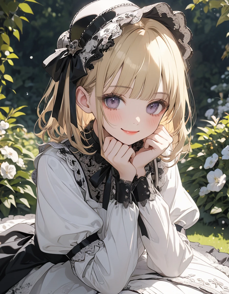 ((Masterpiece)), ((best quality)), (super detail:1.2), (High Definition:1.3), ((extremely detailed)), (flat color), (flat shading), (8K), (Professional Photography:1.2), (very aesthetic:1.2), (absurdres:1.2), (sharp focus), (perfect light), ((kawaii)), (drop shadow), (wide shot), (()), ((1 princess)), Textured skin, ((medium hair)), ((Beautiful Gothic Lolita whitesses)), (very hoop-dress), ((Luxury cross motif embroidery)), (intricate lace details), Victorian-style collar, cute innocent young girl, BREAK, ((loose blunt bangs)), ((put on mini silk hat)), Slender body, small chest, (silky blond hair), (cute makeup), cute cheeks, glossy lips, pouty lips, bags under the eyes, (lower eyelashes), beautiful hair, ((naughty smile)), blush, Light particles, ((place hands on cheeks)), mysterious and elegant, (in the Beautiful Dreamy garden), (detailed background:1.2), newest, gothic lolita,gothic,