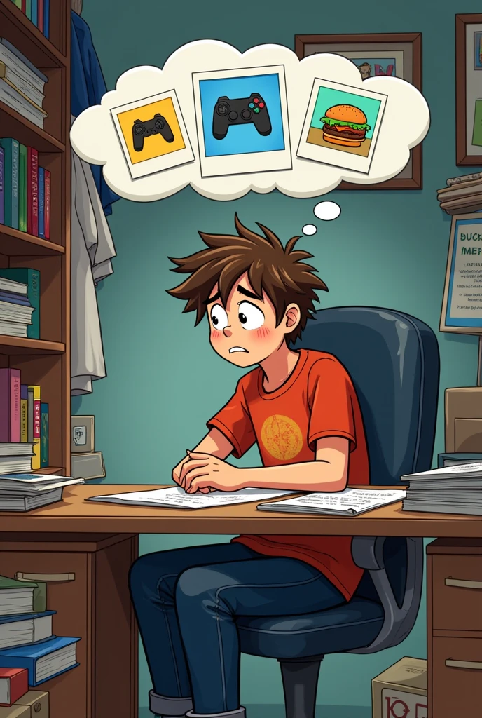 Alex, a 16 year old boy with messy hair and casual clothes, he is sitting at his desk. His room is a chaos of books, papers and clothes. Frustration is reflected on his face.. A thought bubble above his head shows images from a video game, a social media notification and a hamburger.