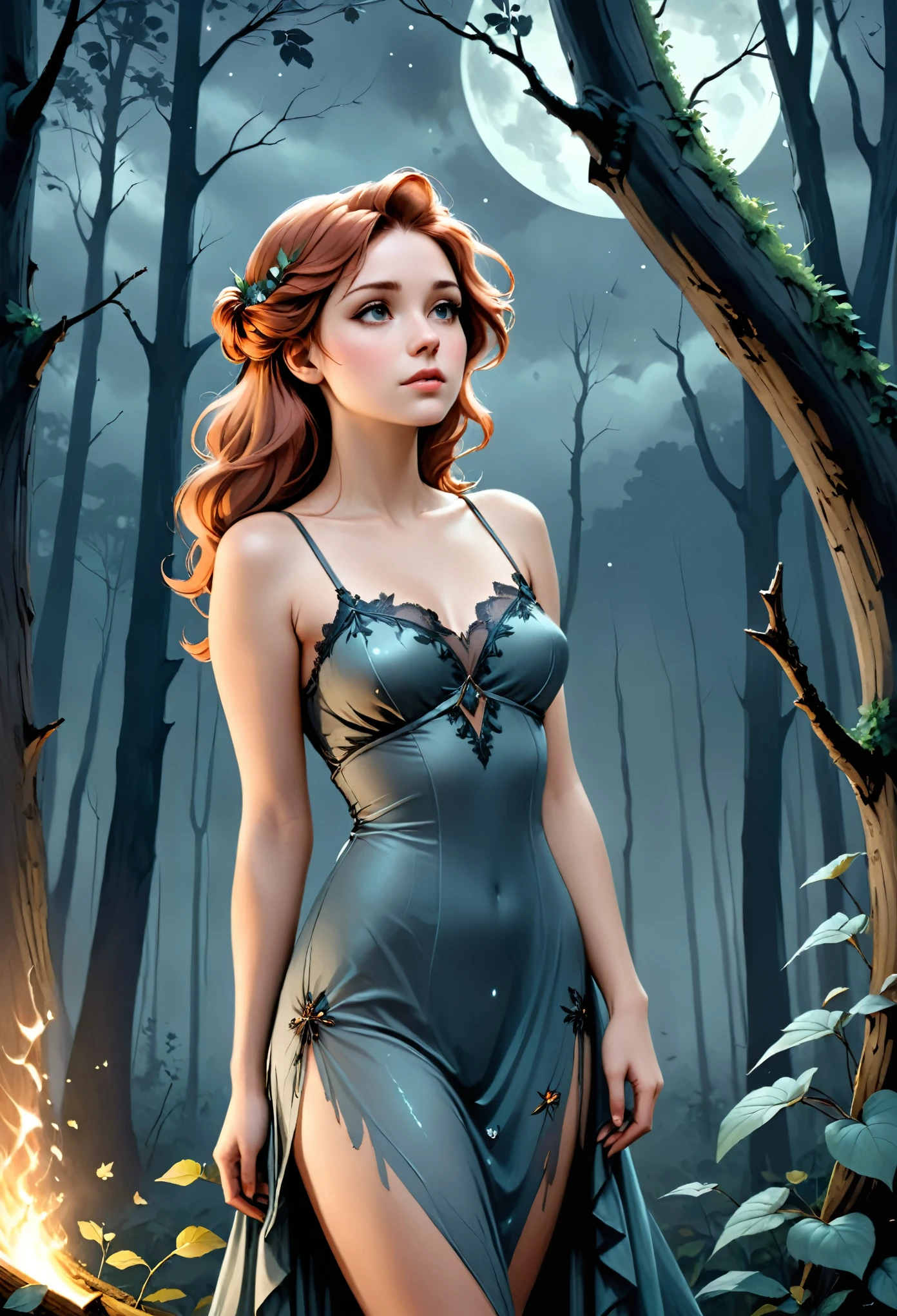 Full portrait, Realistic, Photorealistic, analog photo, Highly detailed, cinematic rendering, Wild Dead Forest, evening, Cute 24-year-old woman, Leaning back in a tree and looking up at the grey cloudy sky, Redhead, Sexy, Dressed in a transparent tattered nightgown, Black leaves float in the air, Behold, the glittering particles flutter, classical painting composition, Dark gloomy background, An atmosphere of melancholy and sadness, surreal photo, by Alphonse Mucha, detailed perfect face, Melancholic aesthetic, Faded colors, cinematic  composition