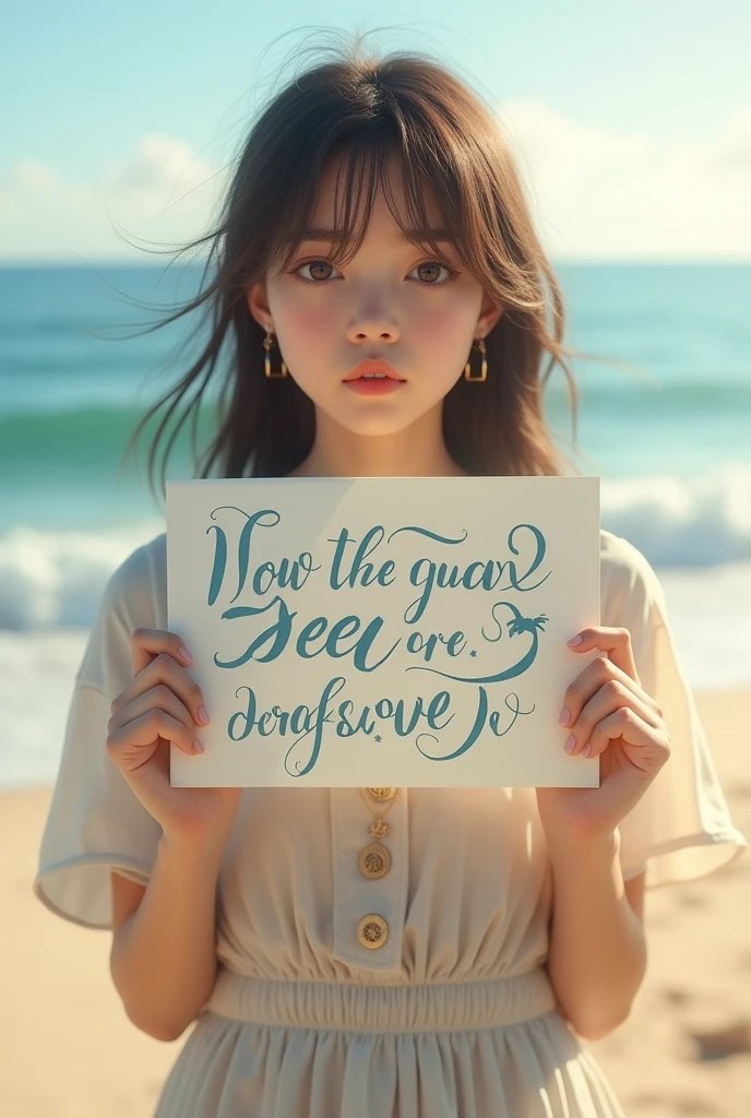 Hyperrealism,A girl holds up a sign that says I Love Seaart Infinity,Standing by the sea,Movie-quality images,Sunlight,Waves,Beach