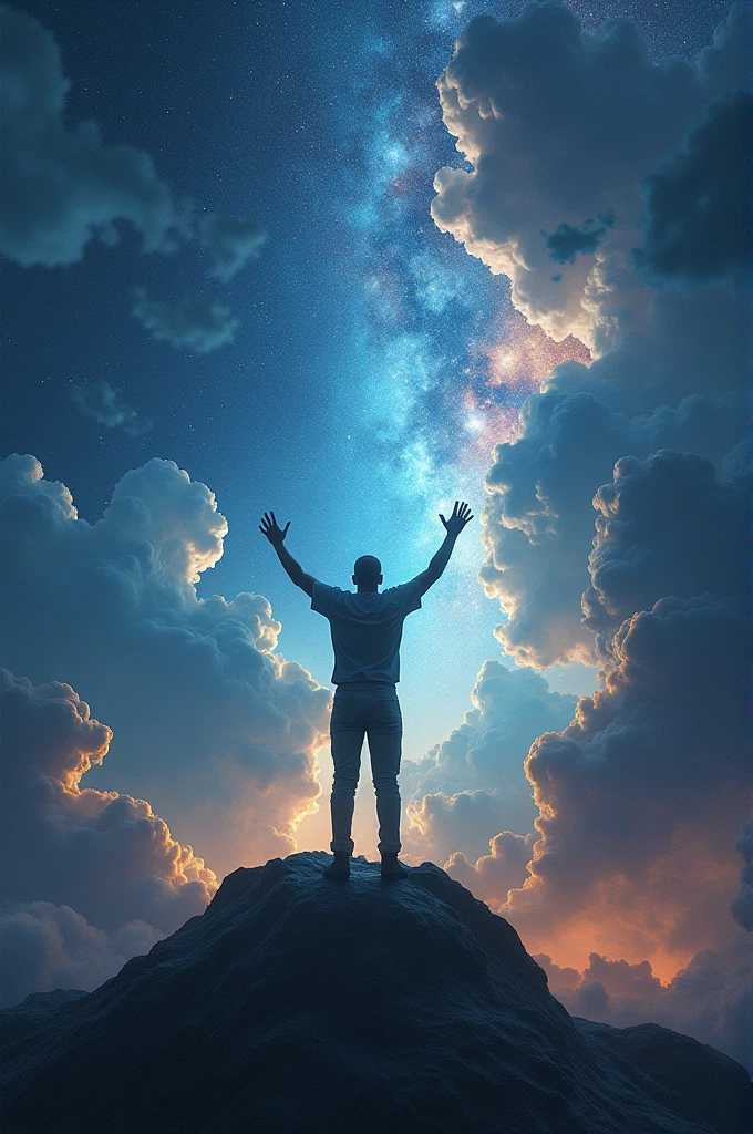 Human in a universe full of possibilities and mysterious, raising his hands in victory posture