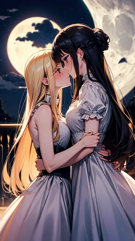 (Moonlit Confession),moon,Two women kissing,A girl with long blonde hair and a girl with short black hair