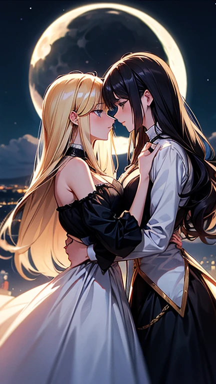 (Moonlit Confession),moon,Two women kissing,A girl with long blonde hair and a girl with short black hair