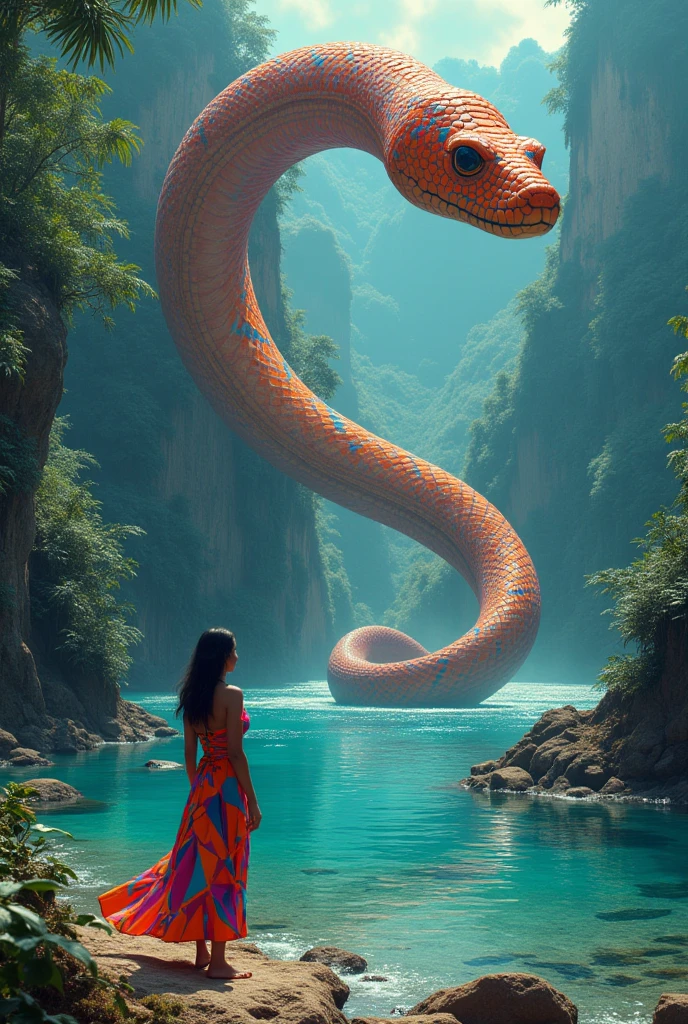 A Giant Snake with Triangles of Different Bright Colors in a Large River with an Indigenous Woman in a Triangle Dress Sees It
