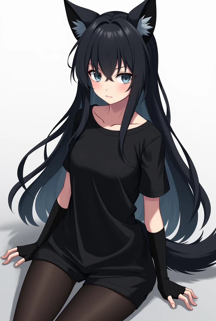 female character, black hair, black wolf ears, black tail, wear a black shirt ,with black arm warmers, sitting anime version 