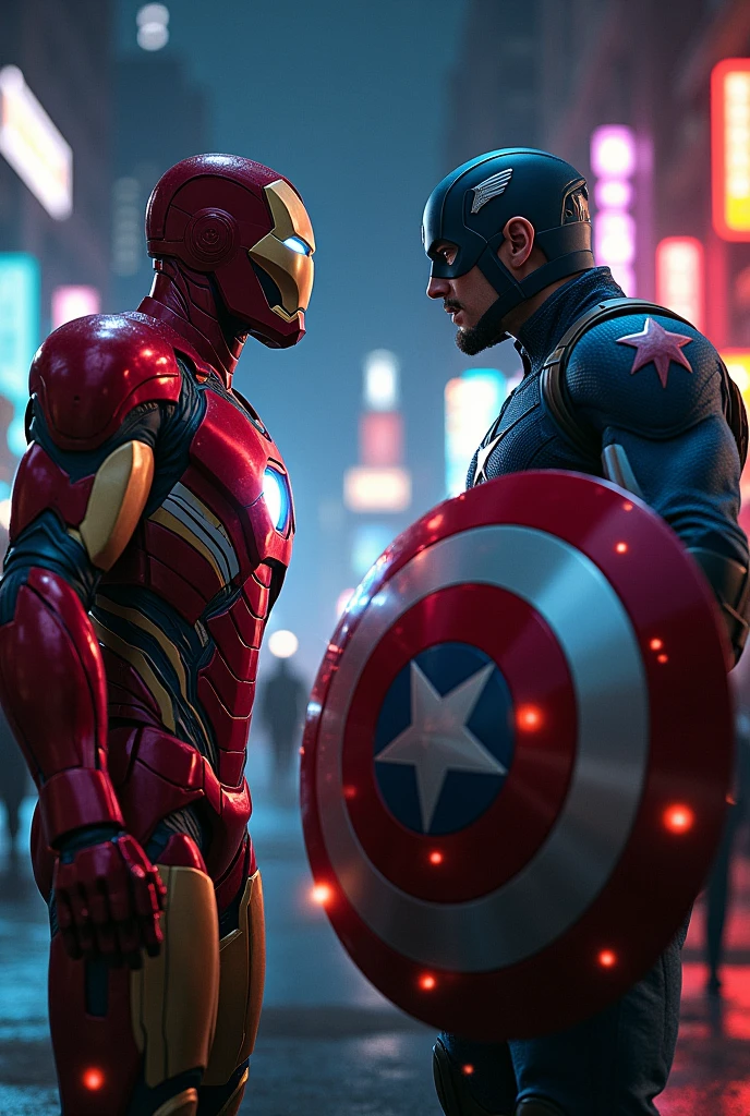 Iron man and captain America in a night fight, Captain America's shield up