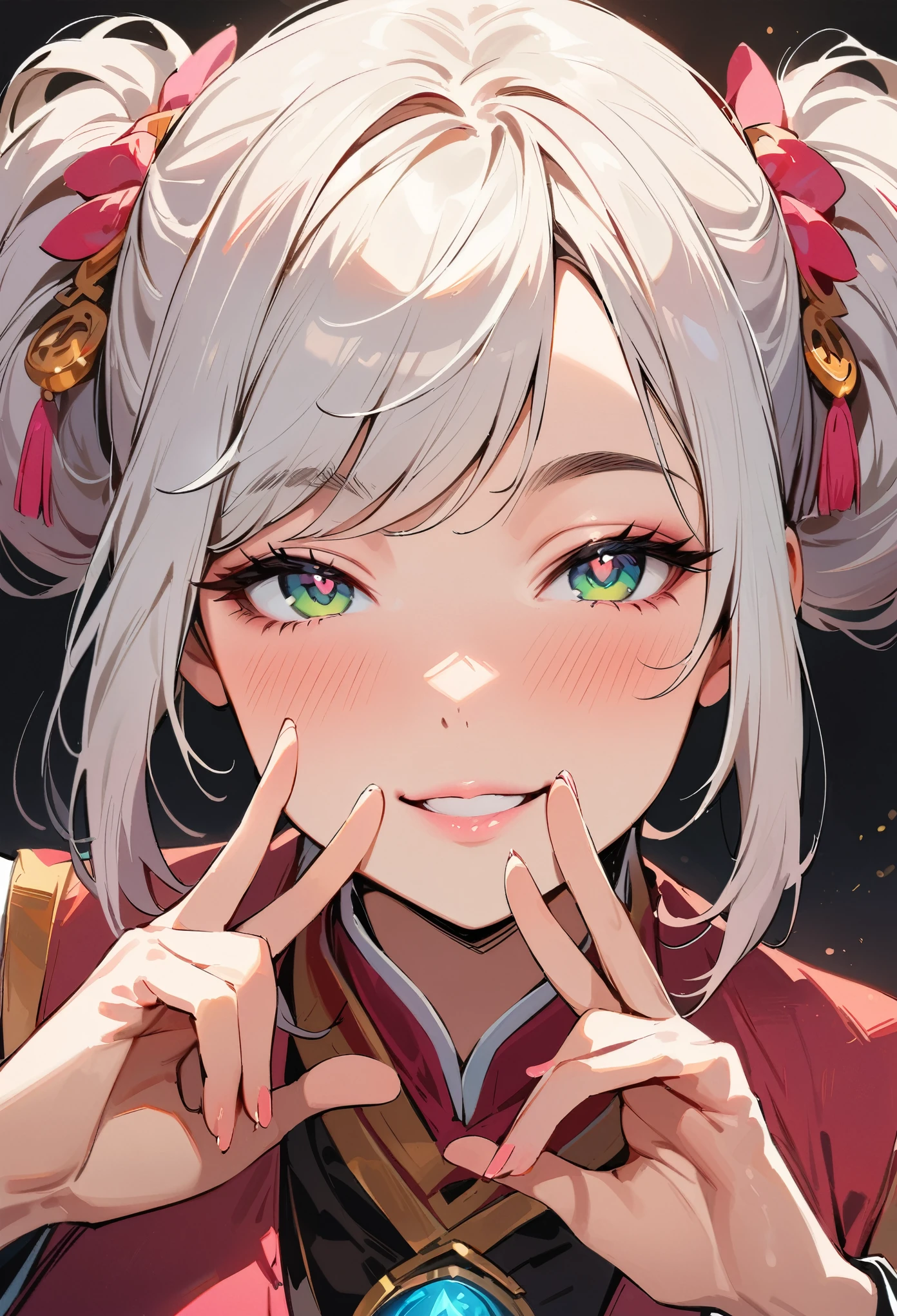 (masterpiece, best quality:1.4), 1 girl, 独奏, Colored pupils, Blurred eyes, Close your left eye, Smile, Look up and down, Pink lower lip, peace gesture, Green double ponytail hairstyle,  Royal sister, large breasts, Vest, Vision, black background.