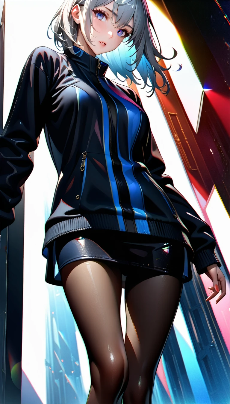 1girl,(Silver hair:0.5|blue0.8),(Wearing a black jacke),(White shirt),(Tight skirt),(Sexy women's long stockings),(Clothing details:2),,(masterpiece:2), (8k details:1.3), (unlimited details:1.2), (best eyes:1.4), (ultra clothes details:2), (highly detailed background), (vibrant colors), (dynamic lighting), (realistic skin texture), (intricate patterns), (sharp focus), (full-body view), (natural poses), (expressive emotions), (cinematic composition),(sunshine),(chair),(ray tracing:2),(Maximum details),(trees),