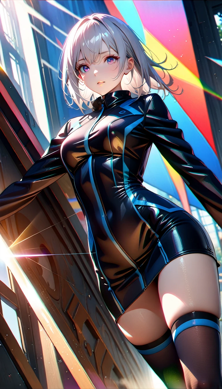 1girl,(Silver hair:0.5|blue0.8),(Wearing a black jacke),(White shirt),(Tight skirt),(Sexy women's long stockings),(Clothing details:2),,(masterpiece:2), (8k details:1.3), (unlimited details:1.2), (best eyes:1.4), (ultra clothes details:2), (highly detailed background), (vibrant colors), (dynamic lighting), (realistic skin texture), (intricate patterns), (sharp focus), (full-body view), (natural poses), (expressive emotions), (cinematic composition),(sunshine),(chair),(ray tracing:2),(Maximum details),(trees),