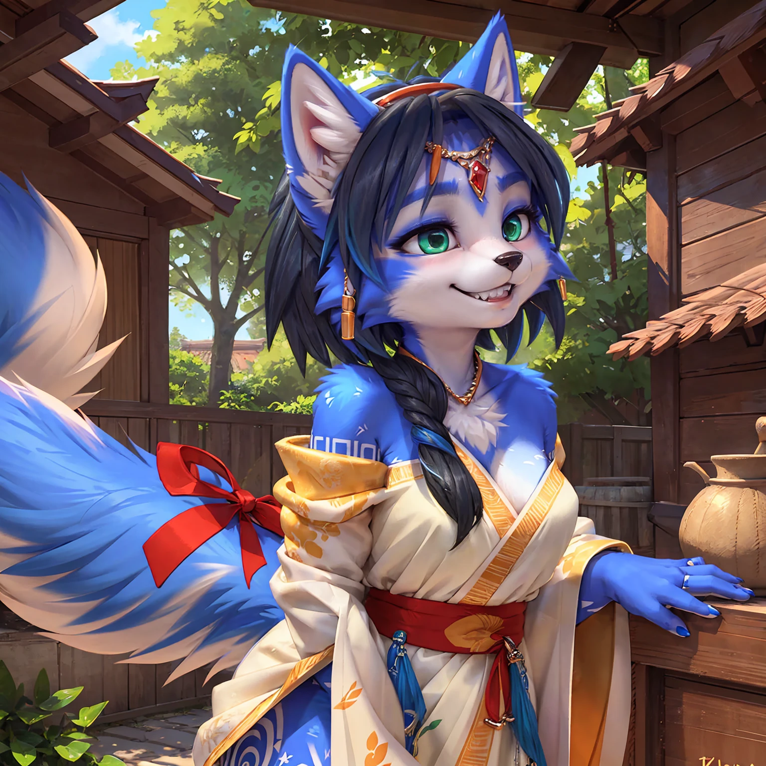 A beautiful and detailed (sweet picture) wa ((krystal)), Star Fox Krystal, sslim, lovable, green eyes, medium breasts, (((Long blue hair 1.3))), ((black hair tips)), Decollete, grin, look up,, anthro, furry, Uploaded E621, detailed fluffy fur, (wa Fluff-Kevlar, Bayard Wu, personalize me, Pino Daeni), detailed face, (fluffy), 1 girl, alone, sweet girl, alone, wears a kimono, is located in your Japanese village