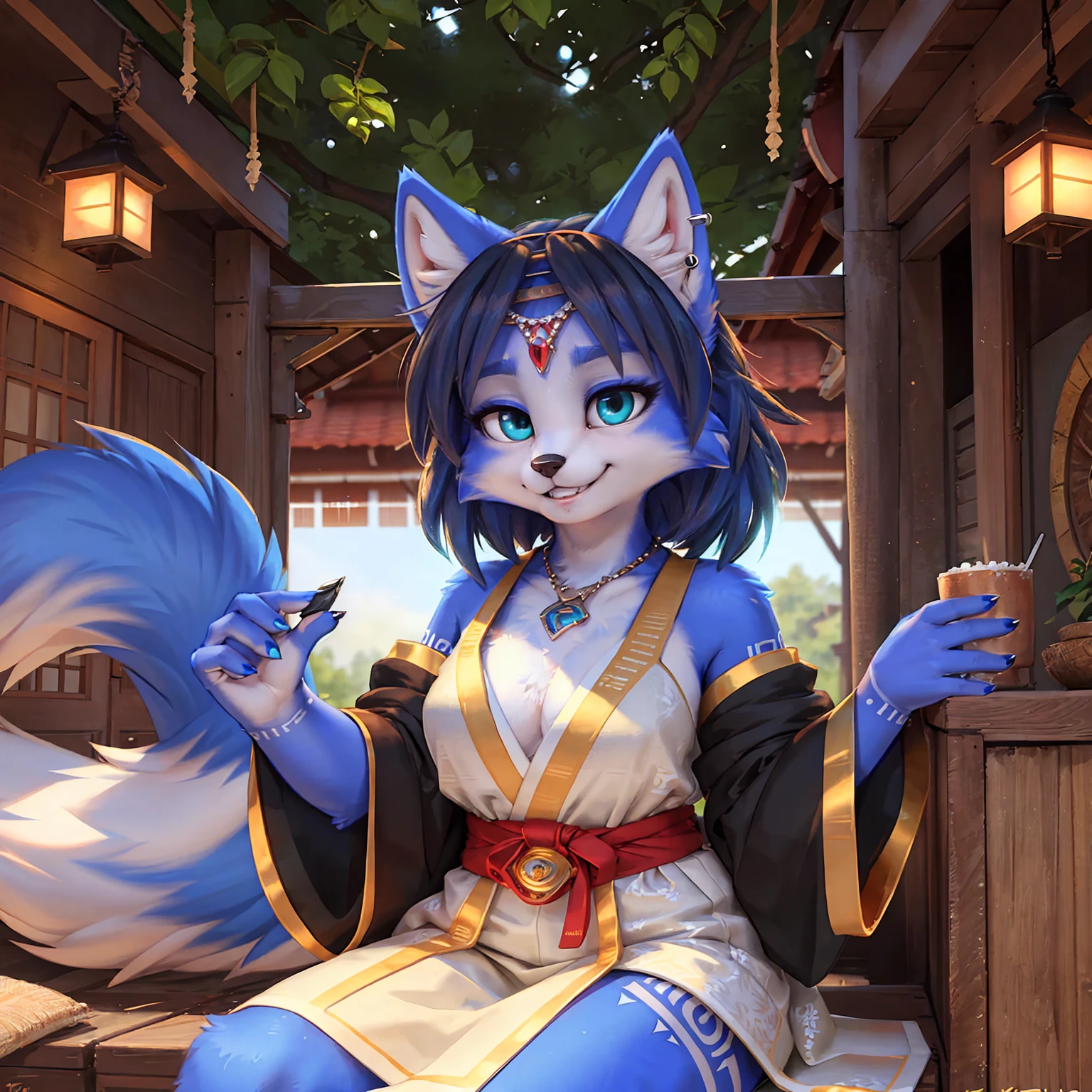 A beautiful and detailed (sweet picture) wa ((krystal)), Star Fox Krystal, sslim, lovable, green eyes, medium breasts, (((Long blue hair 1.3))),  ((black hair tips)), Decollete, grin, look up,, anthro, furry, Uploaded E621, detailed fluffy fur, (wa Fluff-Kevlar, Bayard Wu, personalize me, Pino Daeni), detailed face, (fluffy), 1 girl, alone, sweet girl, alone, wears a kimono, is located in your Japanese village