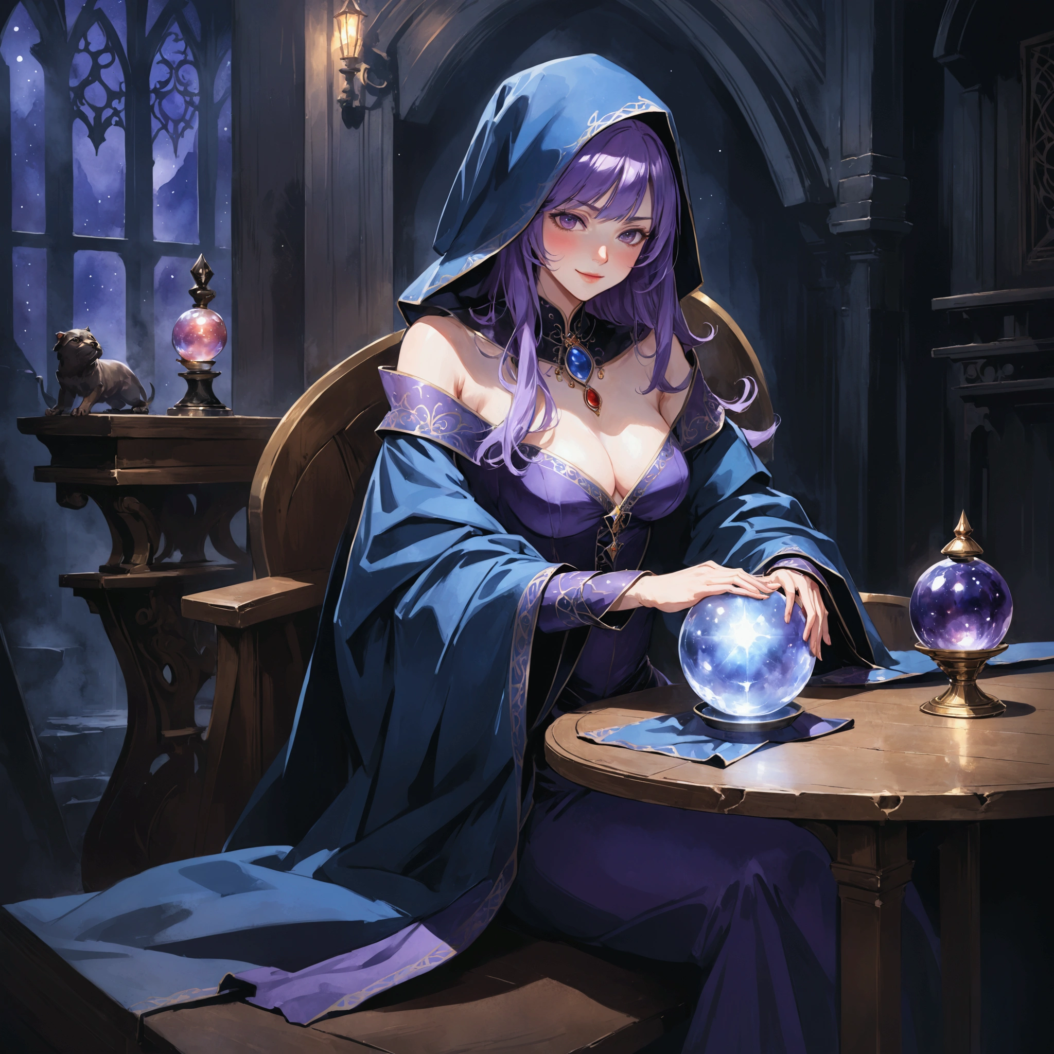 Sexy beautiful woman,European medieval fortune teller,magician,witch,wearing purple cloak,Pose sexy and charming,Sitting sideways at a small wooden table,A smile on your face,Hands touching the crystal ball on the table,The surroundings are dark and mysterious。Mid-ground composition,Full body pictures,Characters and scenes,Game concept art style,Anime illustration style,Watercolor style,Markup style,HD,4K。