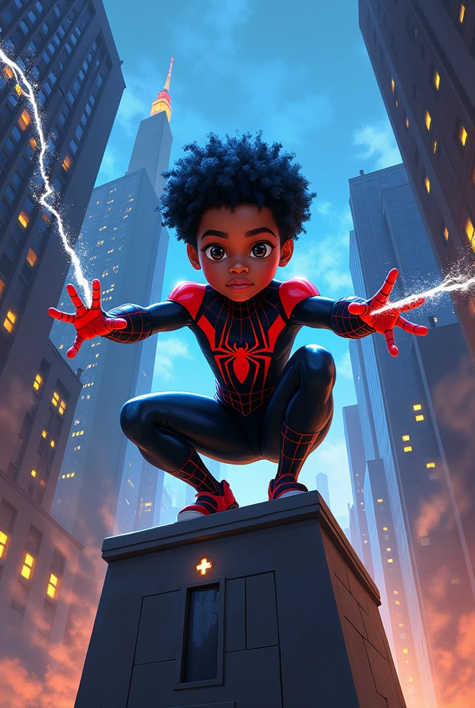 Create a Disney character drawing, 6 year old boy, skin black, eyes black, very curly blue and short hair, dressed in the black Spider-Man costume Miles Morales, releasing cobwebs through your hands, full body and in the background buildings and villains , in the pose of spider man bent down releasing cobweb