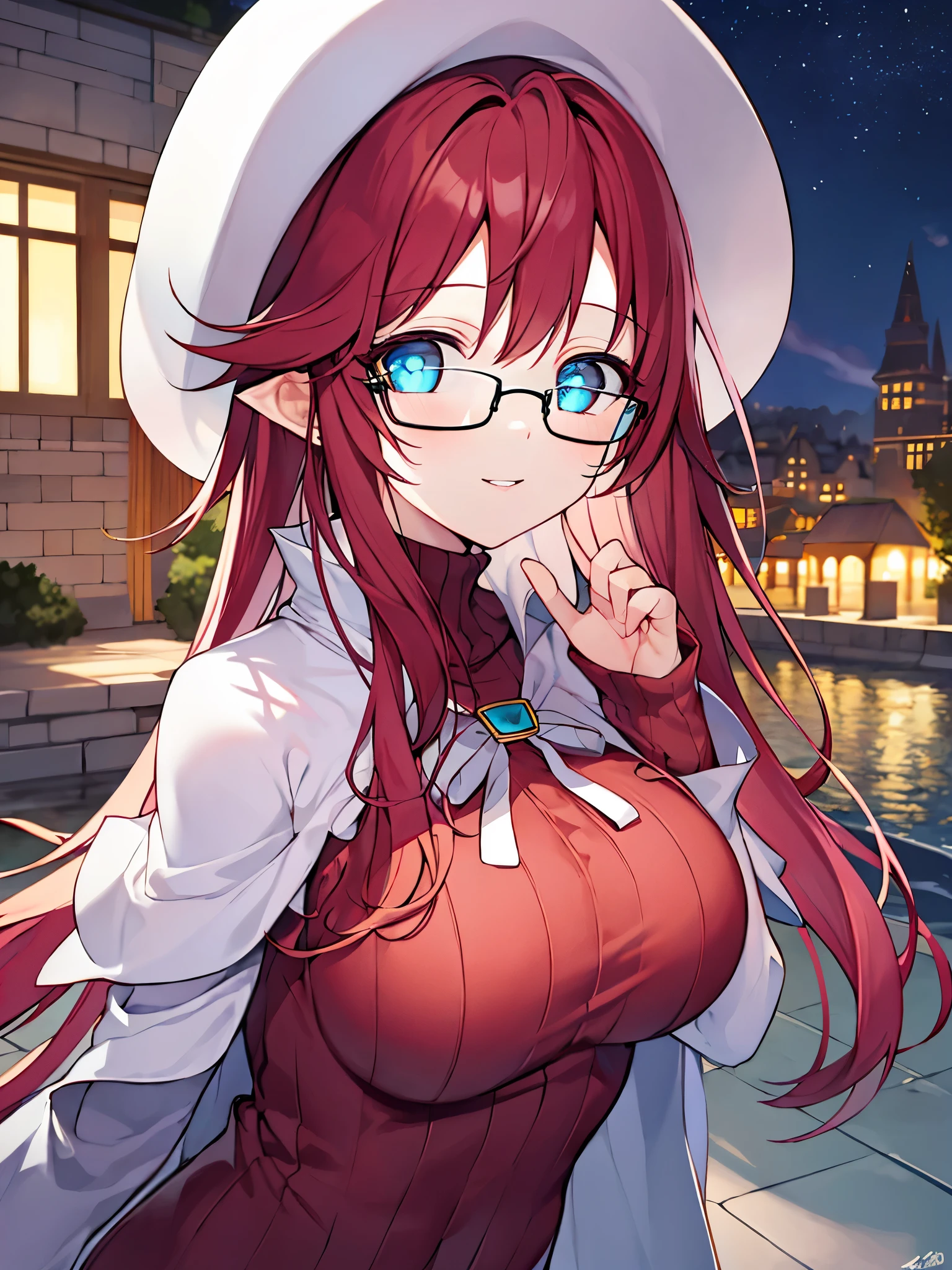summonnightaty, aty, (young:1.3),long hair, blue eyes, red hair, big_tits, hat, glasses, BREAK long hair,, hat, dress,glasses, cape, sweater, beret,ribbed sweater,,solo, BREAK outdoors, fantasy, BREAK (masterpiece:1.2), best quality, high resolution, unity 8k wallpaper, (illustration:0.8), (beautiful detailed eyes:1.6), extremely detailed face, perfect lighting, extremely detailed CG, perfect anatomy),covered_nipples,half_eyes,sleepy_eyes,red_sweater,magical_effect,,Smile,closed_mouth,solo,in_modern_town_landscape,night_sky,solo,portrait,bust up,looking_viewer,shiny_lips,blush,water_eyes,