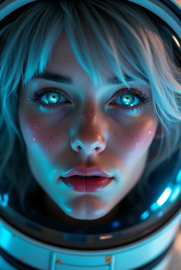 (Close-up of a better masterpiece:1.5)0.9], (Space and astronauts:1.2) (Messy silver hair:1.1) (Heterochromia xanthochromia and blue eyes:1.2) (Space Helmet:1.0) (Colored stars in the eyes:1.0) (A radiant glow:1.1) (thick lips:0.9)