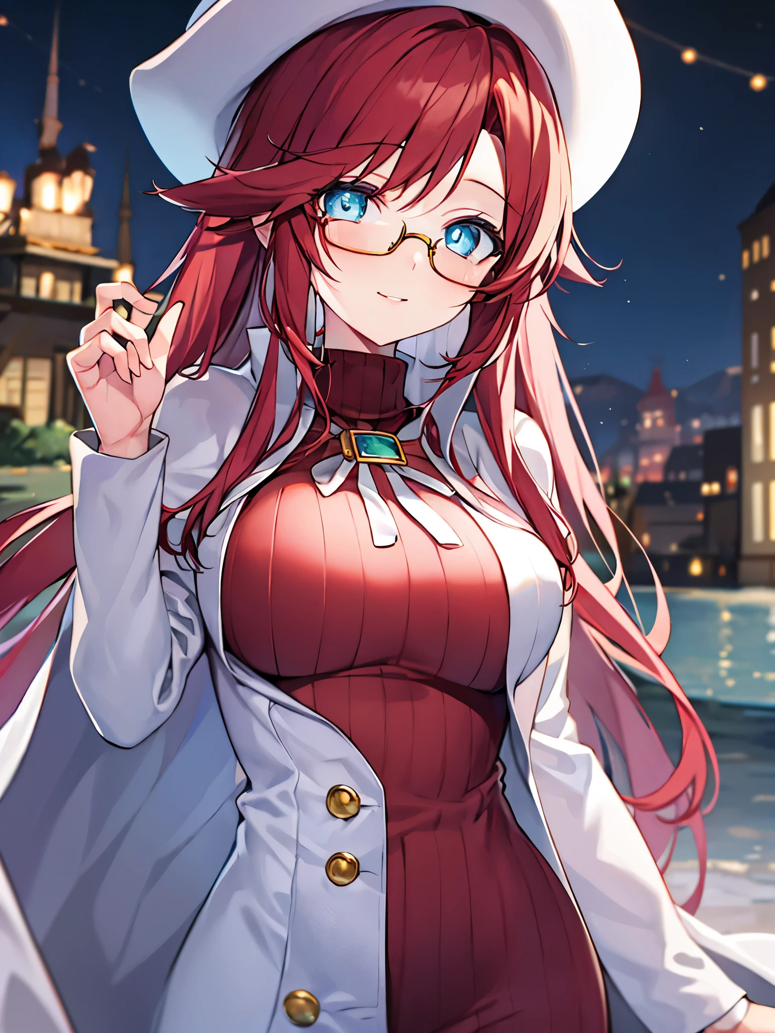 summonnightaty, aty, (young:1.3),long hair, blue eyes, red hair, big_tits, hat, glasses, BREAK long hair,, hat, dress,glasses, cape, sweater, beret,ribbed sweater,,solo, BREAK outdoors, fantasy, BREAK (masterpiece:1.2), best quality, high resolution, unity 8k wallpaper, (illustration:0.8), (beautiful detailed eyes:1.6), extremely detailed face, perfect lighting, extremely detailed CG, perfect anatomy),covered_nipples,half_eyes,sleepy_eyes,red_sweater,magical_effect,,Smile,closed_mouth,solo,in_modern_town_landscape,night_sky,solo,portrait,bust up,looking_viewer,shiny_lips,blush,water_eyes,
