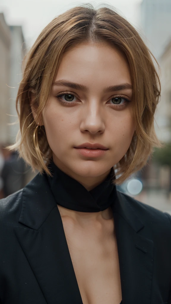 portrait of girl,solo,beautiful detailed face,upper body,hair over one eye,medium sidecut, blonde hair, sharp focus,black business suit