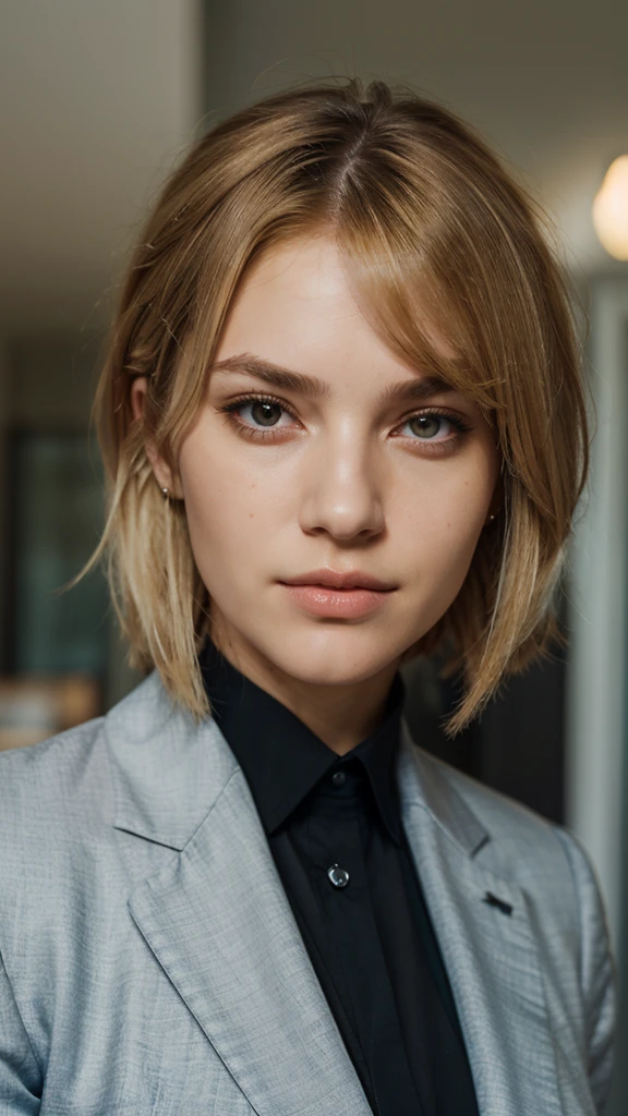 portrait of girl,solo,beautiful detailed face,upper body,hair over one eye,medium sidecut, blonde hair, sharp focus,black business suit