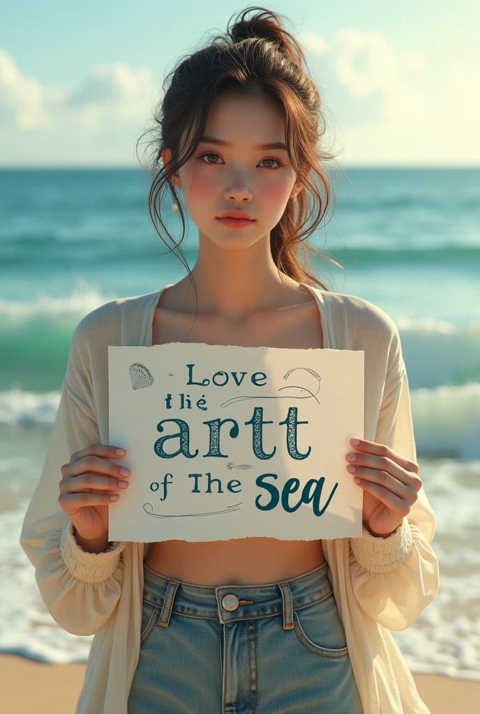 Hyperrealism,A girl holds up a sign that says I Love Seaart Infinity,Standing by the sea,Movie-quality images,Sunlight,Waves,Beach