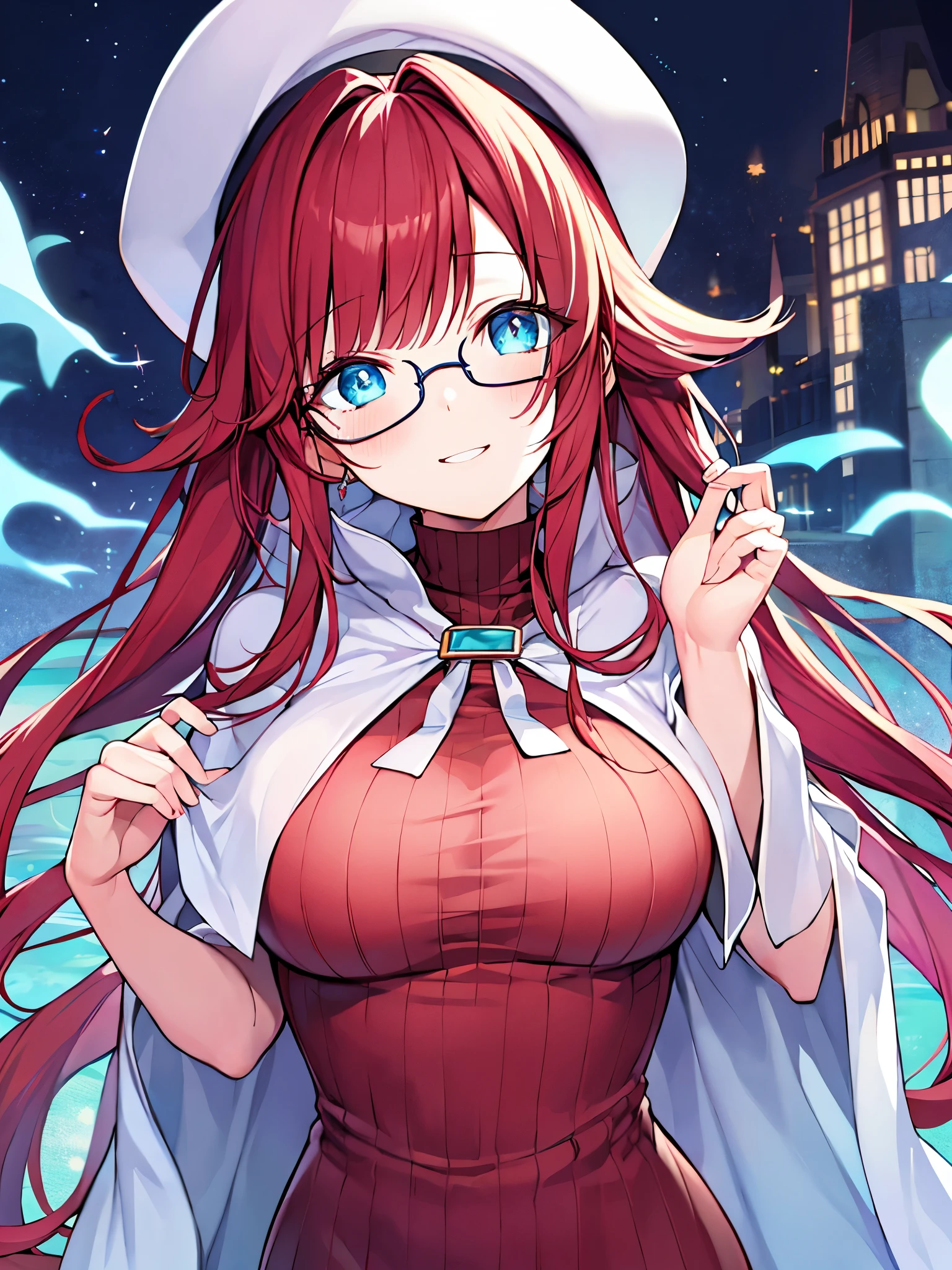 summonnightaty, aty, (young:1.3),long hair, blue eyes, red hair, big_tits, hat, glasses, BREAK long hair,, hat, dress,glasses, cape, sweater, beret,ribbed sweater,,solo, BREAK outdoors, fantasy, BREAK (masterpiece:1.2), best quality, high resolution, unity 8k wallpaper, (illustration:0.8), (beautiful detailed eyes:1.6), extremely detailed face, perfect lighting, extremely detailed CG, perfect anatomy),covered_nipples,half_eyes,sleepy_eyes,red_sweater,magical_effect,,Smile,closed_mouth,solo,in_modern_town_landscape,night_sky,solo,portrait,bust up,looking_viewer,shiny_lips,blush,water_eyes,