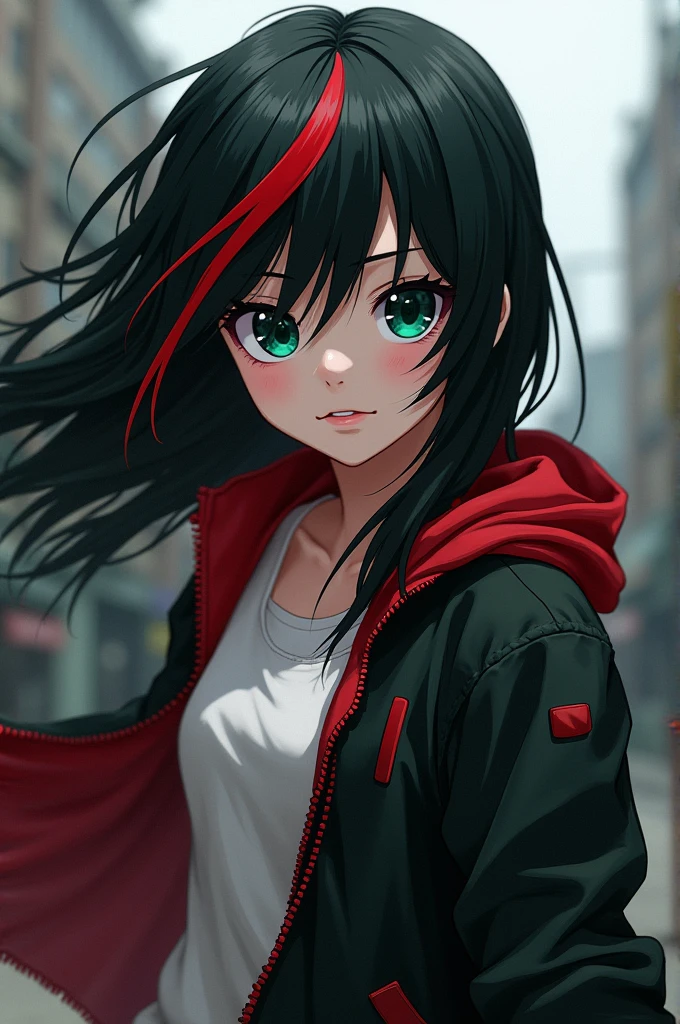 my hero academia character with black hair with a red streak long hair white skin dark green eyes