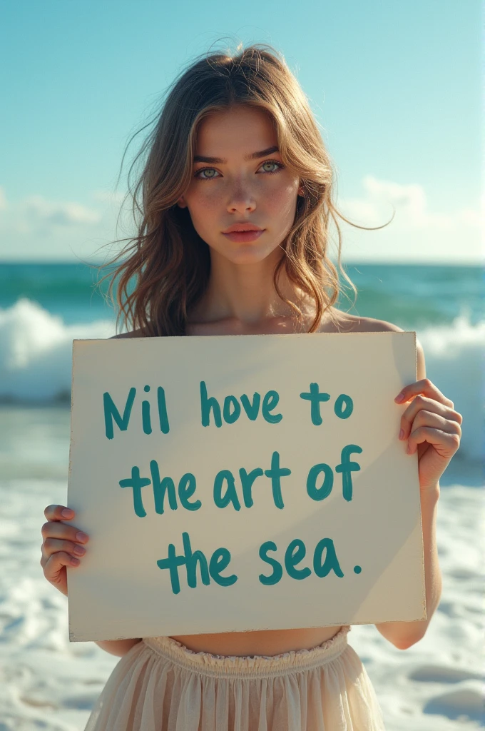 Hyperrealism，A girl holds up a sign that says I Love Seaart Infinity，Standing by the sea，Movie-quality images，Sunlight，Waves，Beach