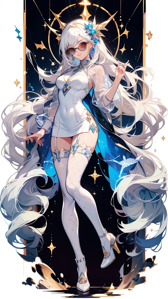 ((masterpiece， best quality))，goddess，Royal sister，sunglasses，Pure white background，Detailed face，Smile，whole body，Perfect body proportions，Glowing milky white eyes，sexly，Tattoo，extremely beautiful，transparent，High heel，Fishnet stockings，Star decoration,