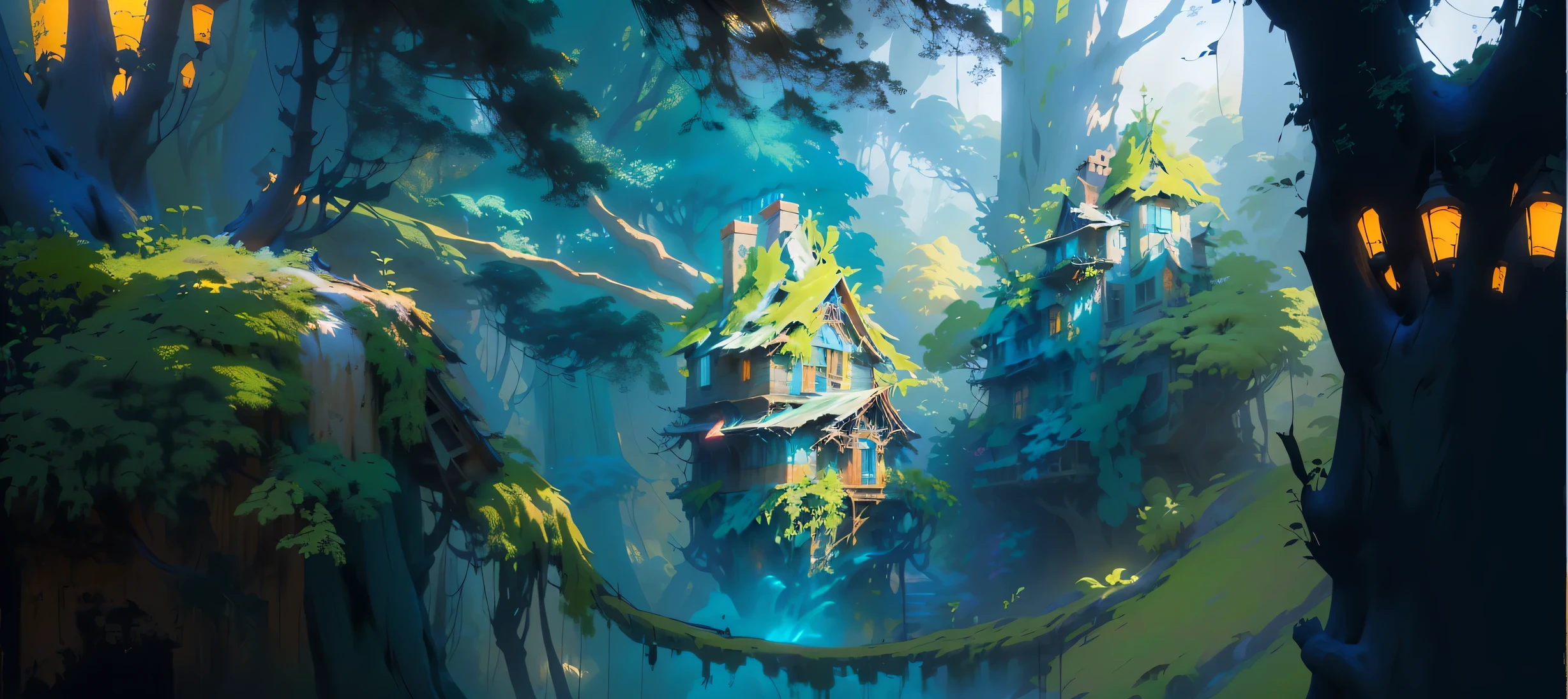 HD 4K 3A masterpiece game forest delicate leaf plant model has a painting，The painting shows a tree house in the forest, Stylized Concept Art, Colorful Concept Art, environment design illustration, Draw in the form of game Concept Art, Concept Art of Video Games, concept art illustration, background technology, background technologywork, Concept Art Digital Illustration, Digital concept art, concept art wallpaper 4k, Concept Art