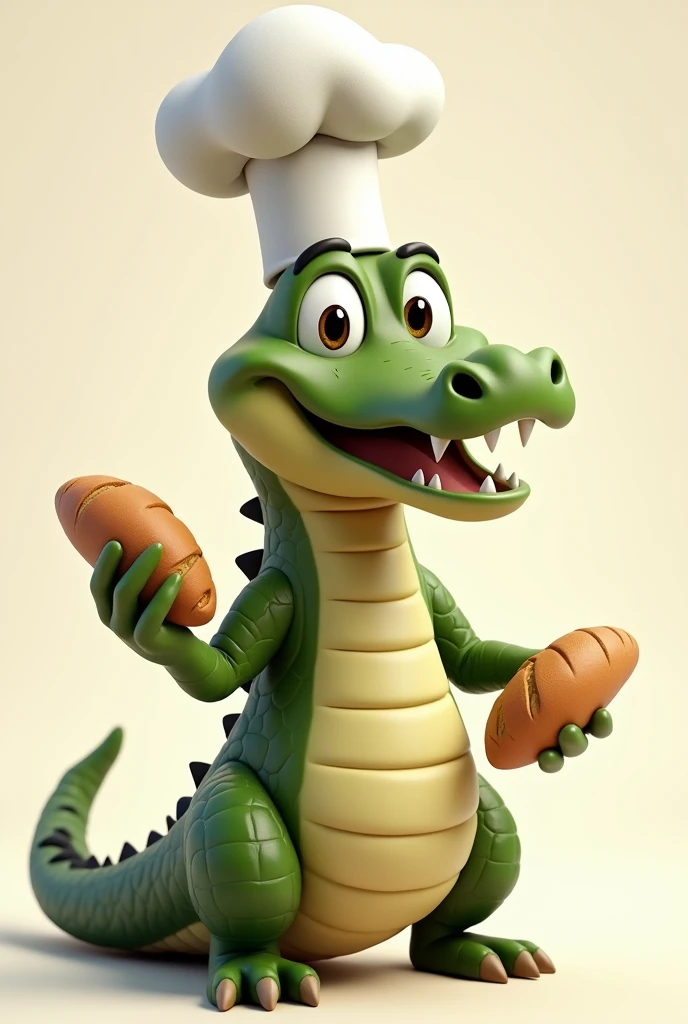 alligator with chef's hat holding a loaf of bread in his right hand, 3d, cartoon