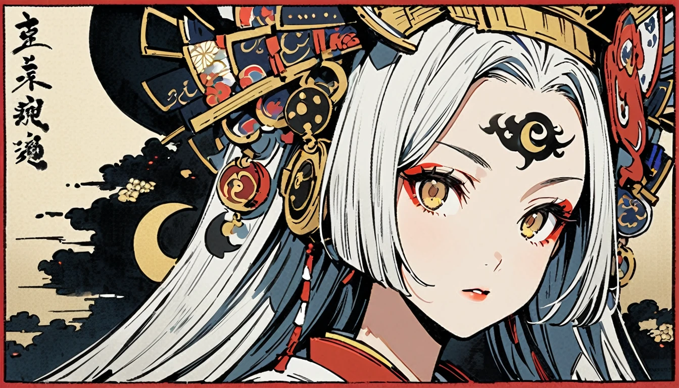 Ink painting, (((1 girl))), (((Crescent in the middle of the forehead))),(((In the background is the Akatsuki moon))), (((Oiran))), (((Great hair accessories))), Japanese style headphones, Demon possession, (((Golden eyes))),Face up close, Japanese beauty, White hair, Sensitive and precise, Modern Ukiyo-e style