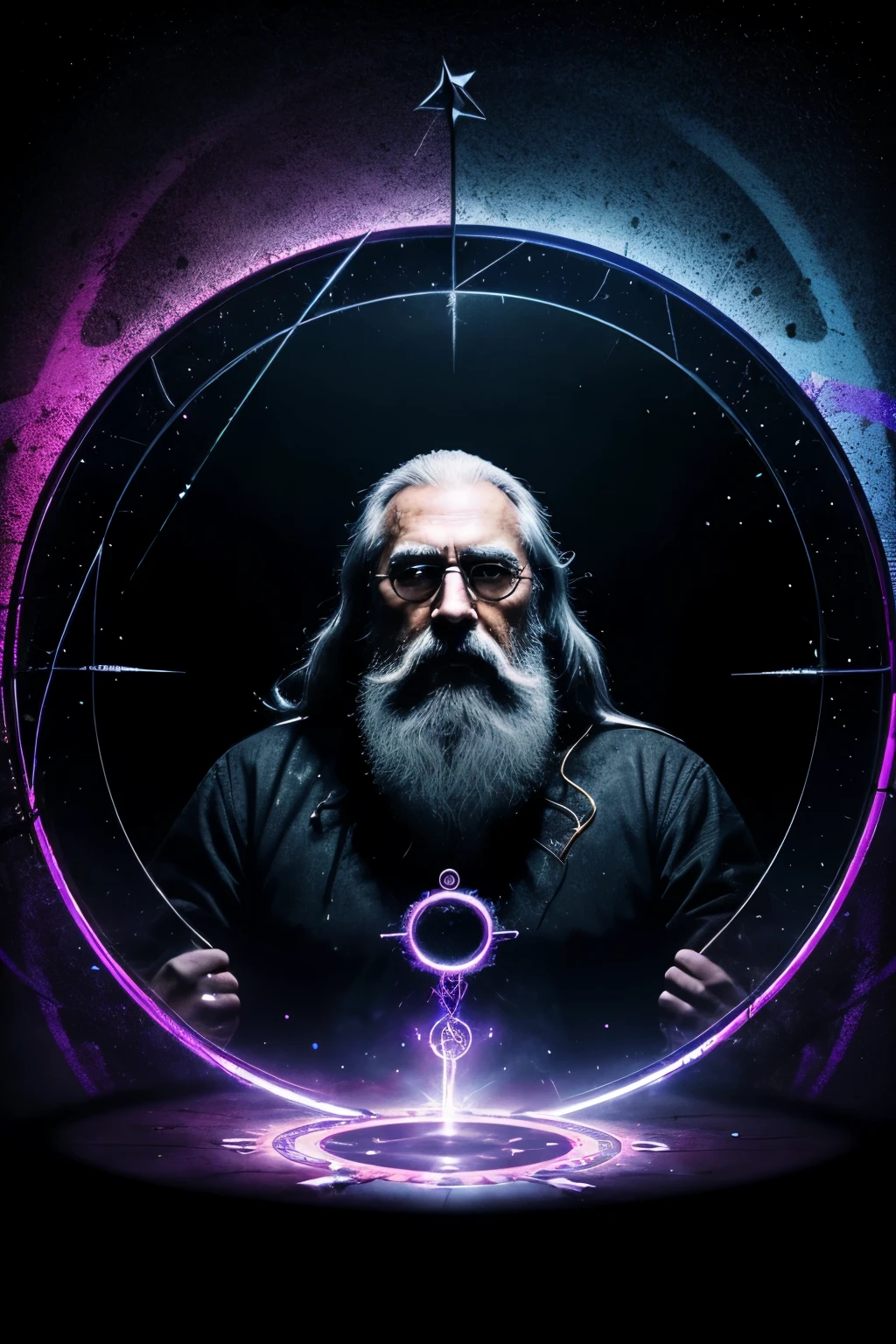 1girl,magic circle, blood splatter, swirling black light around the character, depth of field,black light particles,(broken glass),magic circle old man with a long beard flying in the sky with a staff and his name is merlin.