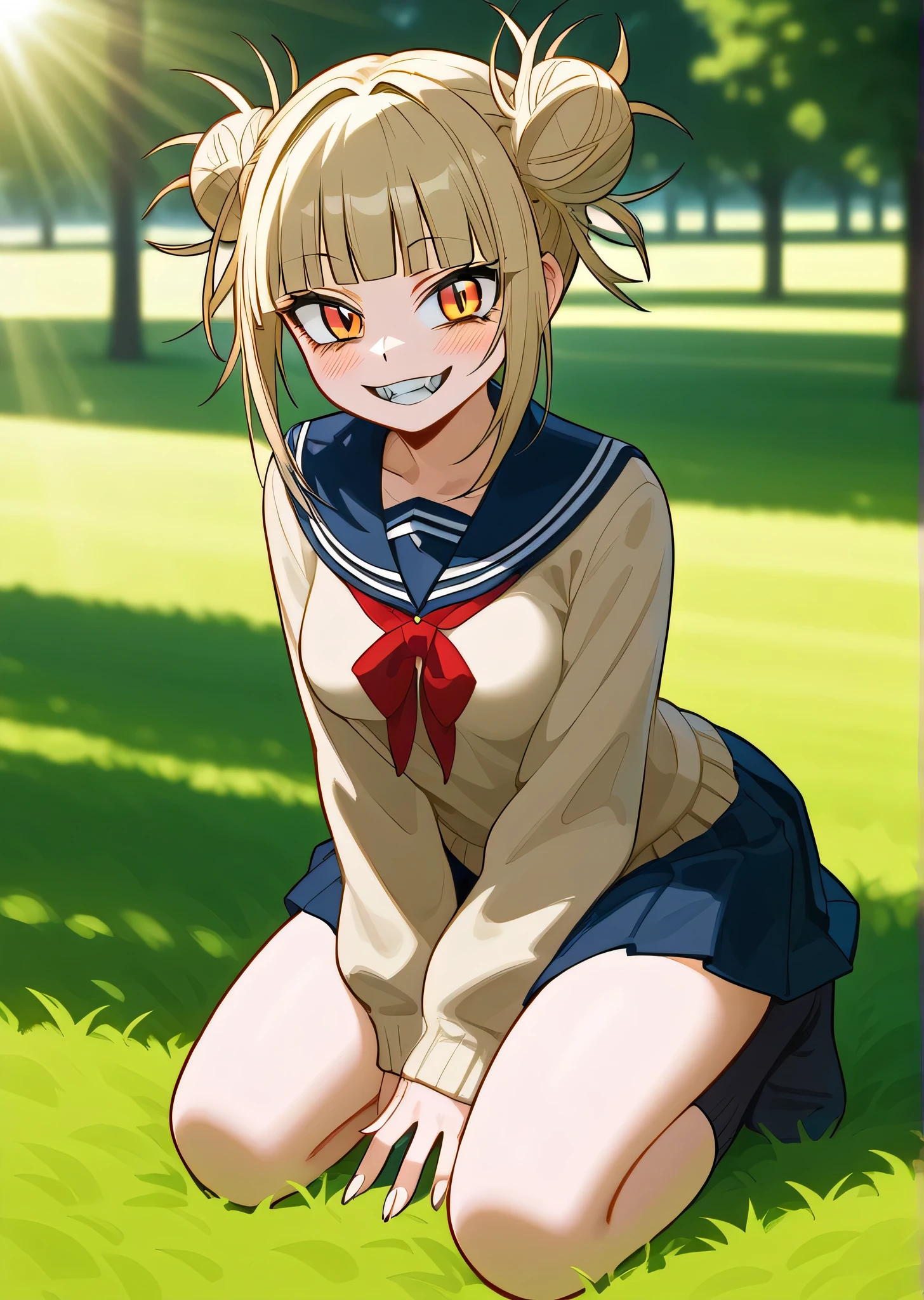 [toga himiko], [Boku no hero academia], ((masterpiece)), ((high res)), ((solo portrait)), ((front view)), ((full body)), ((foot focus)), ((HD)), ((detailed shading)), ((intricate details)), {(attractive figure), (messy bleach blonde hair), (twin buns in hair), (long eyelashes), (squinted yellow eyes),(bags under eyes), (medium breasts), (curvy hips), (beautiful legs), (cute soft feet), (blushing), (sharp white fangs), (cute wide grin)}, {(school uniform), (beige sweater shirt), (navy blue ruffled skirt), (black crew socks)}, {(sitting on grass), (looking at viewer)}, [ambient lighting, park, grass plains, sun rays]