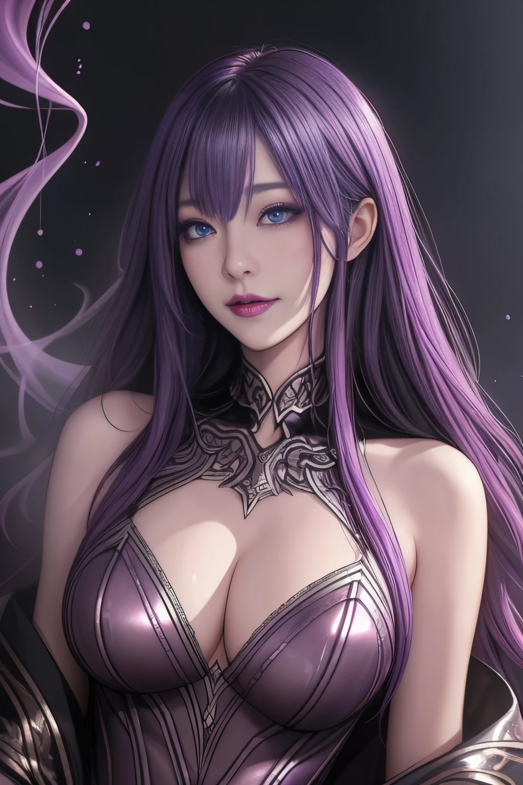 強力なスーパーevil女がクローズアップでポーズをとる, Black Goddess (Exposing shoulders), length, Flowing purple hair, View your audience, Highly detailed face, Perfect hands, Blue smoke swirling around her, evil事を愛する, Captivating blue eyes, Dark fantasy, , realistic girl rendering, 8k artistic german bokeh, Enchanting girl, Real Girls, Gurwitz, Gurwitz-style artwork, Girl Roleplay, Realistic 3D style, cgstation Popular Topics,, 8K Portrait Rendering,(truth,truth:1.4)、Genuine, Symmetric, Attention to detail, Esoteric arachnids lady, Spider Queen Elise, League of Legends, Esoteric arachnids, Combat Stance, ( The body is made with liquid metallic paints in metallic mauve and metallic black......、It beautifully depicts the female form......。), length, Sharp Fangs, nature, ((Complex metallic colors in the foreground)), (( Fluid Mechanics, The most beautiful smooth scale face makeup, Smirking expression)) - Dark blood, Onyxia、Noir painting of a beautiful young witch, length purple hair, dark purple lips, evil, evil女, smile, Black Prom Dress, She is coming to you, close, Bright Blue Eyes, Surrounded by swirling pink smoke, Genuine, Attention to detail, Highest quality