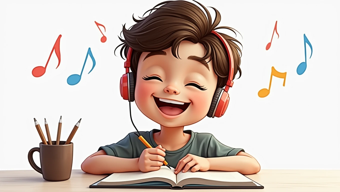 Create an illustrated character with the Ema catching technique, of a child listening to music with headphones, happy with eyes closed. Above his head there are colored musical notes. Let the strokes be organic, imperfect as if a human had made them. Make the contour lines of the drawing as fine and thin as possible..