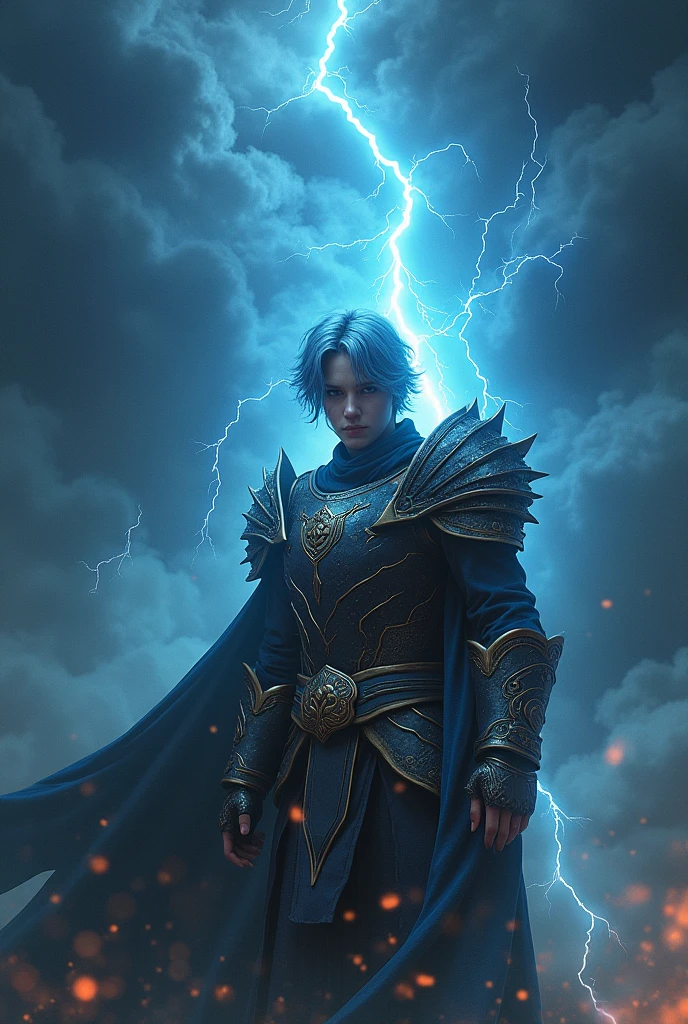 Powerful storm wizard with short, slightly blue hair with magical armor without helmet 