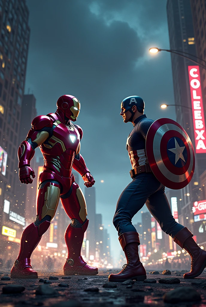  Iron man fighting captain America at night, Captain America&#39;s shield up 