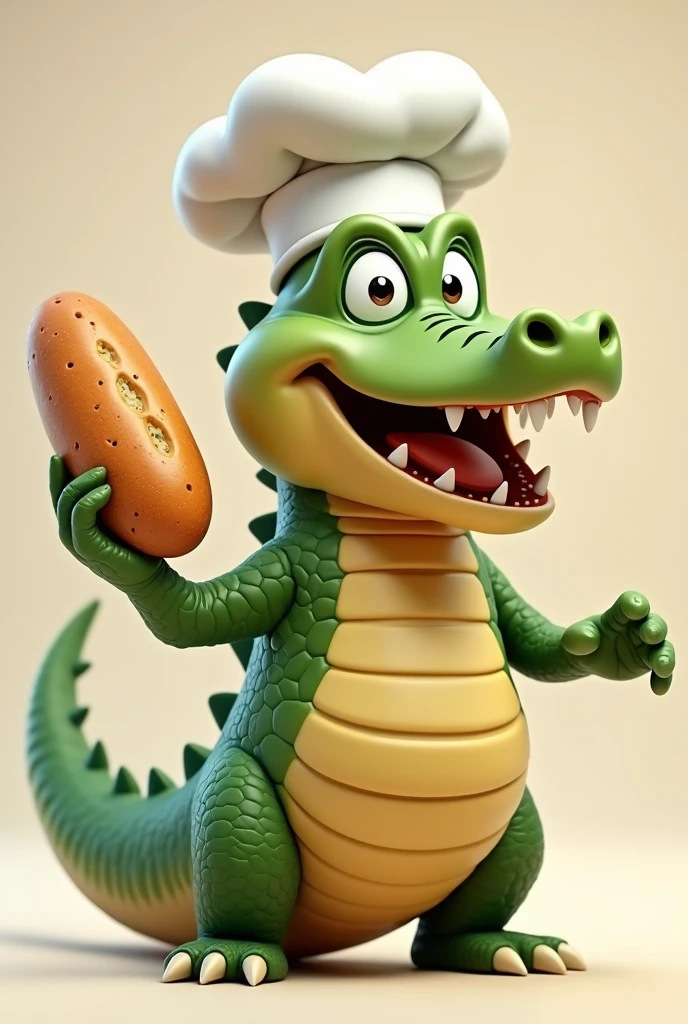 alligator with chef's hat holding a loaf of bread in his right hand, 3d, cartoon