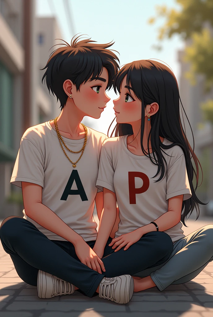 A 18 year old boy and a 18 year old girl sitting in the road and the boy wearing a stylish pant and a tshirt and the girl was wearing a stylish pant and a tshirt and the boy s tshirt writing a and the girl s tshirt writing p