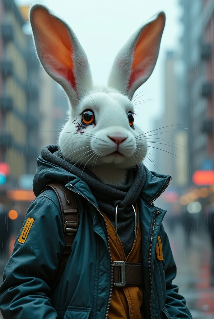 An adult white rabbit stands in a cyberpunk city, in the rain. He's wearing a cyberpunk style jacket. The rabbit has an augmentation on his right eye and a lot of scars.