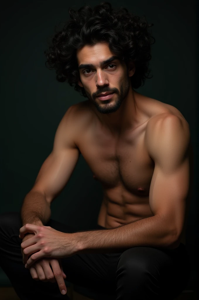 photograph of a beautiful man with curly black hair and a beard, he is naked, he is sitting in a chair, leaning over a bench, professional photography, sensual gay shoot, photography with studio lighting in a dark environment, high resolution