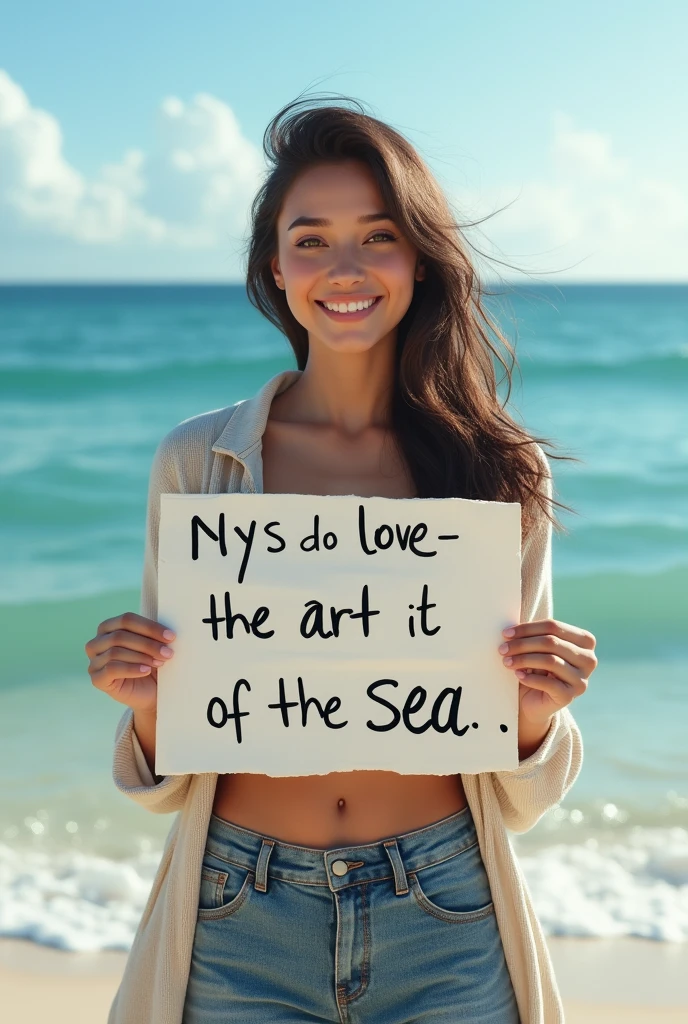 Hyperrealism,A girl holds up a sign that says I Love Seaart Infinity,Standing by the sea,Movie-quality images,Sunlight,Waves,Beach