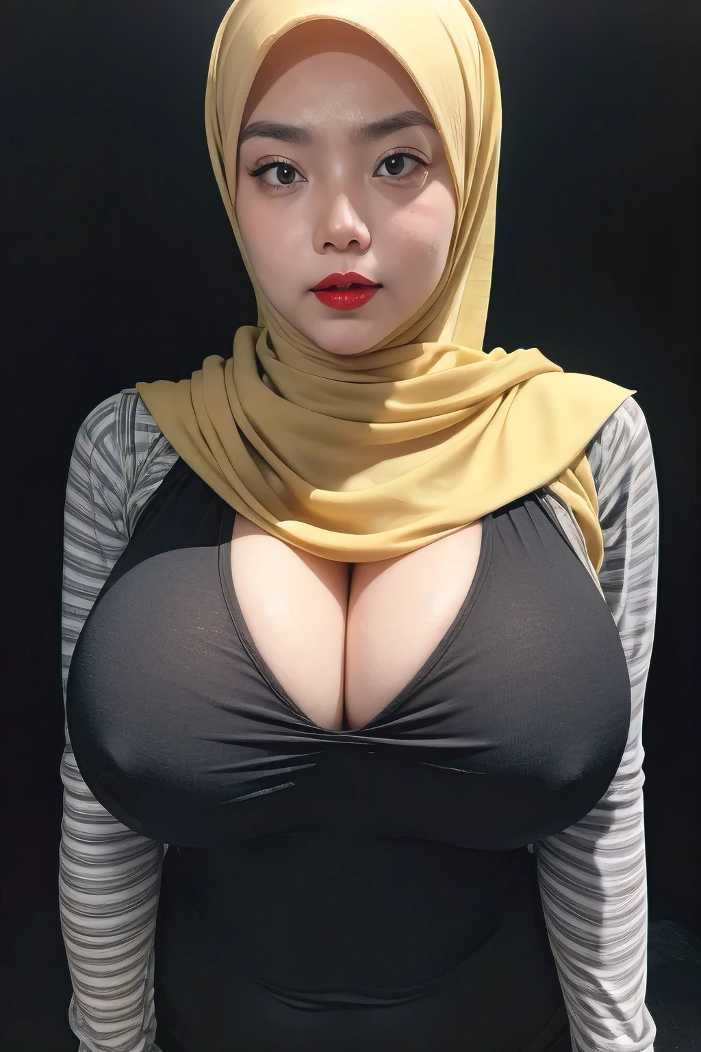 ((Red Lips)), Jumbo (Singlet), Chubby adorable, 1 girl, (face to face), , baby face, a face expression, half body portrait, (face details: 1), (eye details: 1), ((big breasts)). wearing transparent transparency soft long shirt, hijab, .. Cute posed. proportional body. Ultra High Res. realistic: 1.4, UHD, ((plaid pattern)), ((Bigger:2.3)), (((DARK BACKGROUND)))