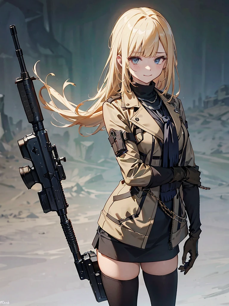 holding_gun, assault_rifle, Very detailed, Anime Style, whole body, alone, Stylish Gunfighter Girl, Holding a steampunk long barrel pistol,Standing in the wasteland, 8K high resolution, White Background, In the spotlight, The background is a dark and desolate landscape, Horror movie atmosphere. Her figure is very beautiful, Emphasizing the dark and crazy elements. Skillfully expressing the effects of light and shadow,