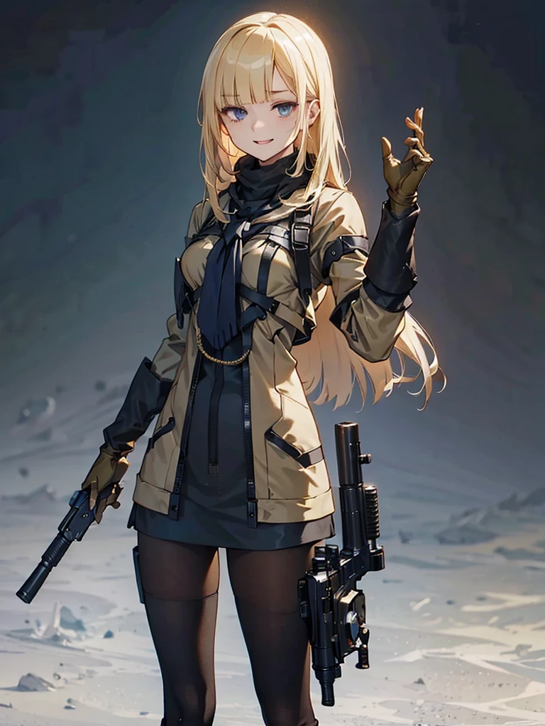 holding_gun, assault_rifle, Very detailed, Anime Style, whole body, alone, Stylish Gunfighter Girl, Holding a steampunk long barrel pistol,Standing in the wasteland, 8K high resolution, White Background, In the spotlight, The background is a dark and desolate landscape, Horror movie atmosphere. Her figure is very beautiful, Emphasizing the dark and crazy elements. Skillfully expressing the effects of light and shadow,