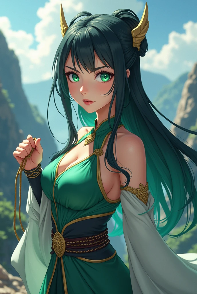 4K anime style quality, digital drawing mode, mythology-themed anime female character, sleek black hair with emerald highlights, fierce jade green eyes, wearing a traditional warrior outfit with dragon motifs, holding dragon reins, Blur the background to create a three-dimensional effect, atmosphere, standing on mountain peaks taming a wild dragon, radiant skin, flowing hair, glossy lips, courageous eyes, full body, dynamic pose, life size, perfect anatomy, detailed skin texture, full HD, 4K, HDR, perfect anatomy, depth of field.((( big hips, breast)))